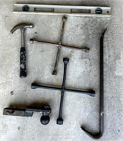 Lot Of Tools Including Crow Bar, Trailer Hitch,