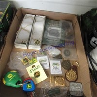 JD box--2 necklaces, key fobs, tack pins, tokens