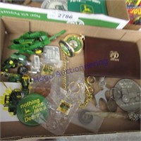 JD box--mini tractor w/picker, pocket watch,