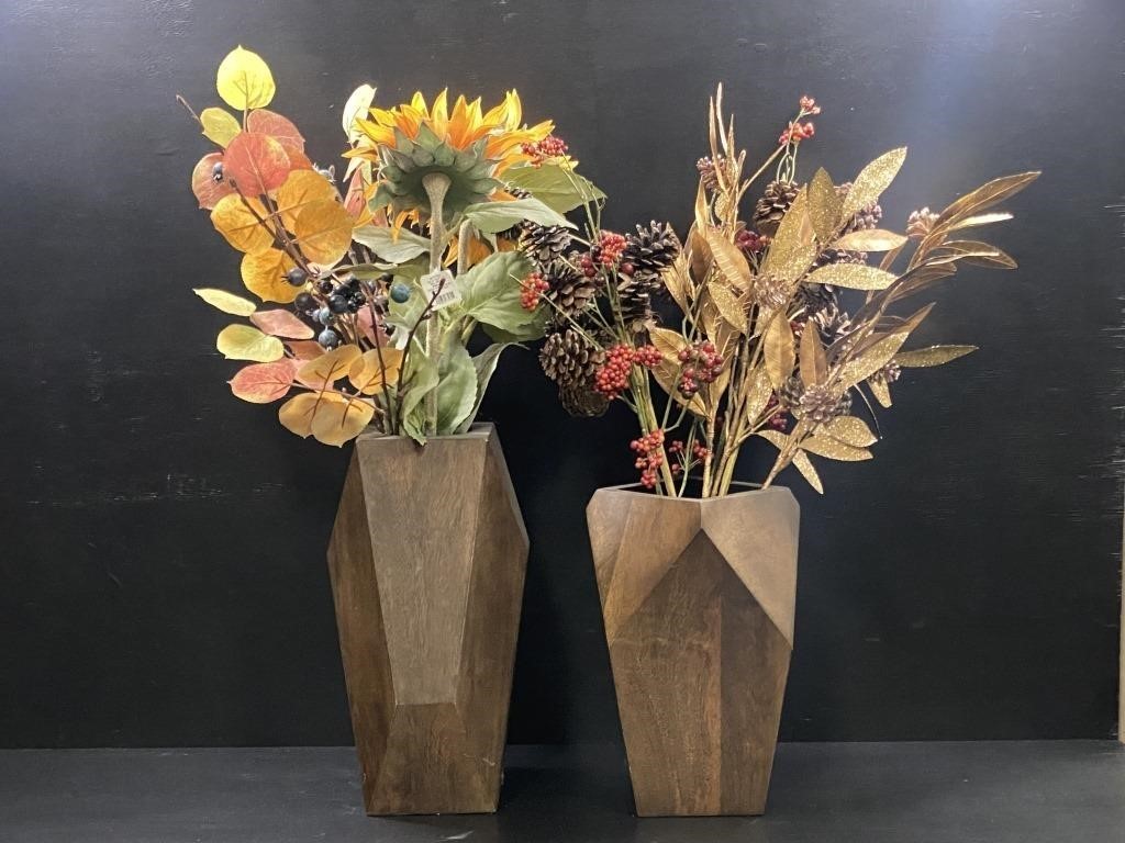 Wooden Vases w/ Faux Plants