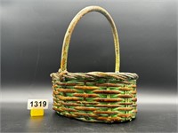 8" handled basket with worn green paint