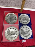 Four Currier & Ives Pewter Plates