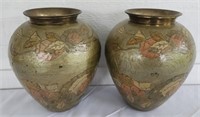 Pair of Gorgeous Hand Painted Brass Vases