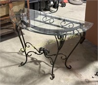 Wrought metal & beveled glass demilune table 28.5