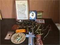 GIANT CARVED ROSARY, PICTURES, PLATES, ETC