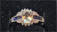 Aquamarine & Sapphire Sterling Silver Ring sz 7