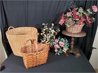 Plant Stand, Silk Flowers, & Large Basket