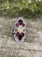 Art Deco Opal and Garnet Stone Cocktail Ring