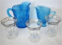2 Pc Blue Depression Glass and 3 Cordials