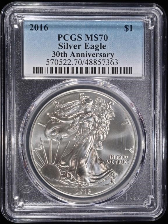 2016 AMERICAN SILVER EAGLE PCGS MS70 30TH ANNIV