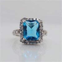 $500 Silver Blue Topaz(5ct) CZ(1.5ct) Ring