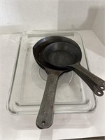 Vintage Glass Refrigerator Tray and Metal Skillets