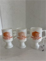 (3) First National Bank Milk Glass Coffee Mugs