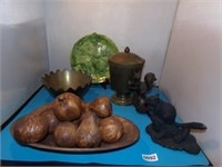 brass bowl and urn, ceramic fruit/bowl