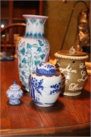 Small flowered vase, ginger jar with lid,
