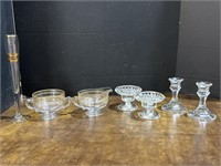 Glass Candle Holders, Vase, & Cream & Sugar