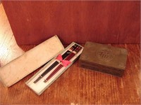 Brass jewelry case and vintage unused chopsticks