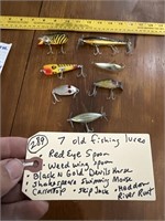 7 old fishing lures Heddon Shakespeare spoons etc