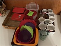 coffee cups, plastic storage containers