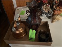 copper tea kettle, metal vase, cups