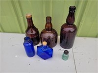 6 VTG BROWN, BLUE & LIGHT GREEN GLASS BOTTLES