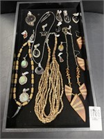 Tray of Earrings, Pendant and Necklaces