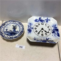 Blue/white wall clock & windmill collector plate