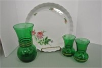 Quiche Pan & Trio of Green Glass Vases