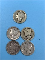 Lot of 5 early Mercury dimes                   (O