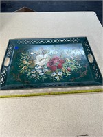 MIDCENTURY GREEN AND FLORAL TOLEWARE TRAY