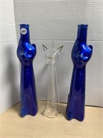 2 Tall Blue Glass Cat Bottles And Art Glass Cat