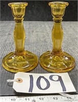 2 Amber Glass Candle Stick Holders