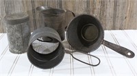 Primitive Tin-Type Sifters, Measuring Cup, Etc