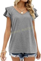 Women's Summer Ruffle Sleeve V Neck T Shirt (XL)