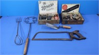 Antique Rug Beaters, Saw, Hardware & more