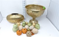 Oval Ribbed Brass Vase & Pedestal Compote