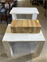 2 white end tables and butcher block