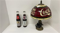 Coca-Cola lamp, (2) Redskins Coca-Cola bottles