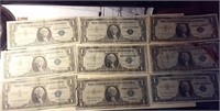 NINE old 1957 $1 US blue seal Silver Certificates