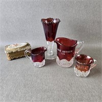 Souvenir Ruby Stained Glass Cups & Vase with a