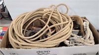 GROUP OF HORSE SHOES, ROPE & HORSE TACK