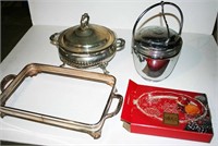 Silverplate Casserole, Ice Bucket, Mikasa Plate