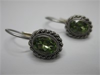 Sterling Silver W/Green Stone Earrings Hallmarked
