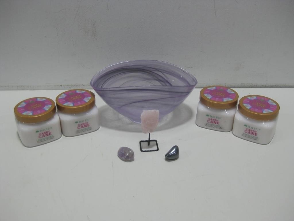 Purple Art Glass Bowl, Decor & Candy Cane Scrub
