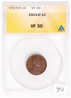 Coin 1924-D Lincoln Cent - ANACS VF 30