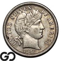 1916 Barber Dime, Nice Strike, Lustrous