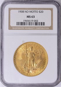 1908 Saint-Gaudens Gold $20 No Motto NGC MS-63