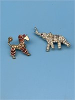 Poodle And Elephant Brooches