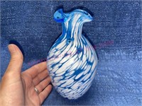Hand blown art glass blue & white vase