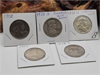 Five Silver Franklin Half Dollar Coins
